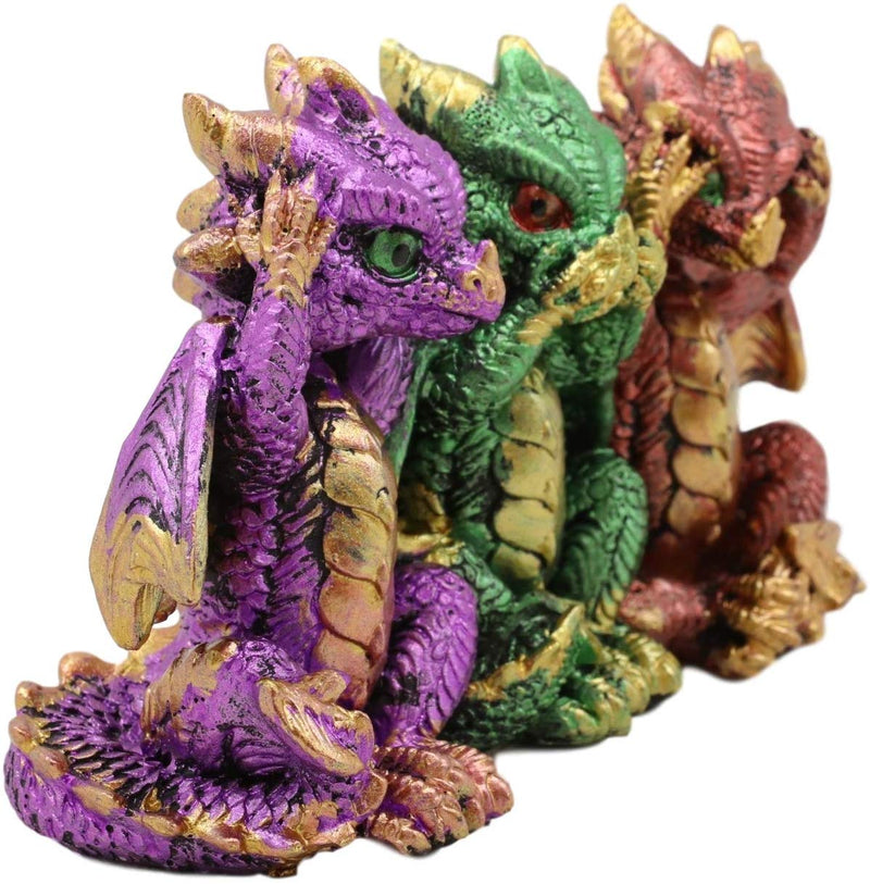 Ebros Metallic Three Wise Baby Dragon Set See Hear Speak No Evil Statue 3.5"H
