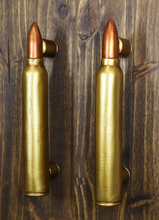 Set of 2 Oversized Faux Hunter Rifle Bullet Casings Barn Door Bar Pull Handles