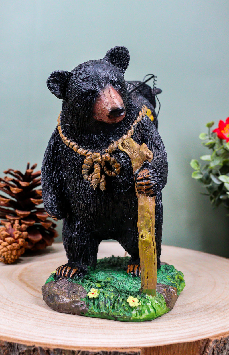 "Gone Fishing" Mother Black Bear With Cub In Fishing Backpack Statue Wildlife