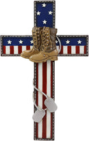 Ebros USA Flag Fallen Soldier W/ Boots & Dog Tag Memorial Cross Decor 11.75" H