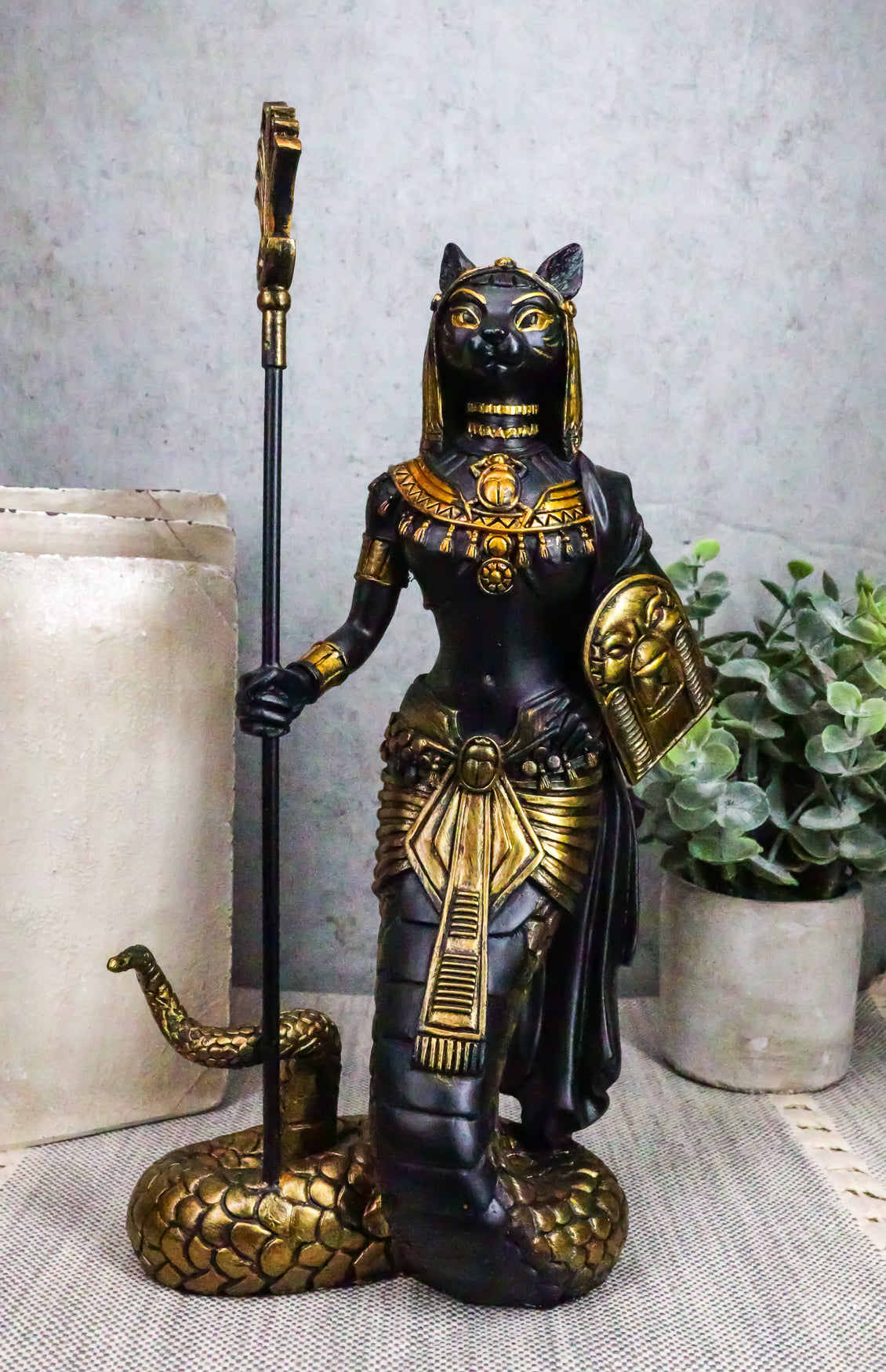 Ebros 11"H Egyptian Bastet Cat With Snake Holding Spear & Shield Statue 11"H - Ebros Gift