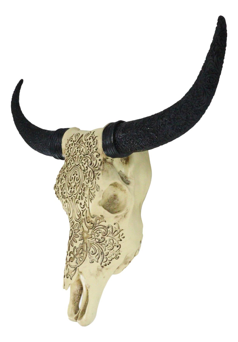 Tribal Floral Vines Tooled Bison Bull Cow Skull With Horns Wall Decor Plaque