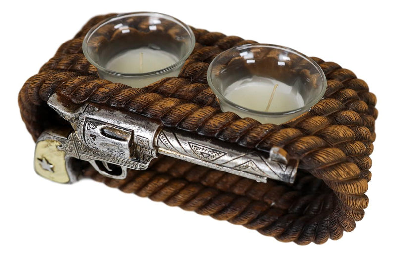 Ebros Western Cowboy Ropes And Revolver Pistol Double Votive Tea Light Candle Holder