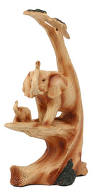 Wildlife Elephant Father With Calf In Savanna Scenery Statue Faux Wood Resin