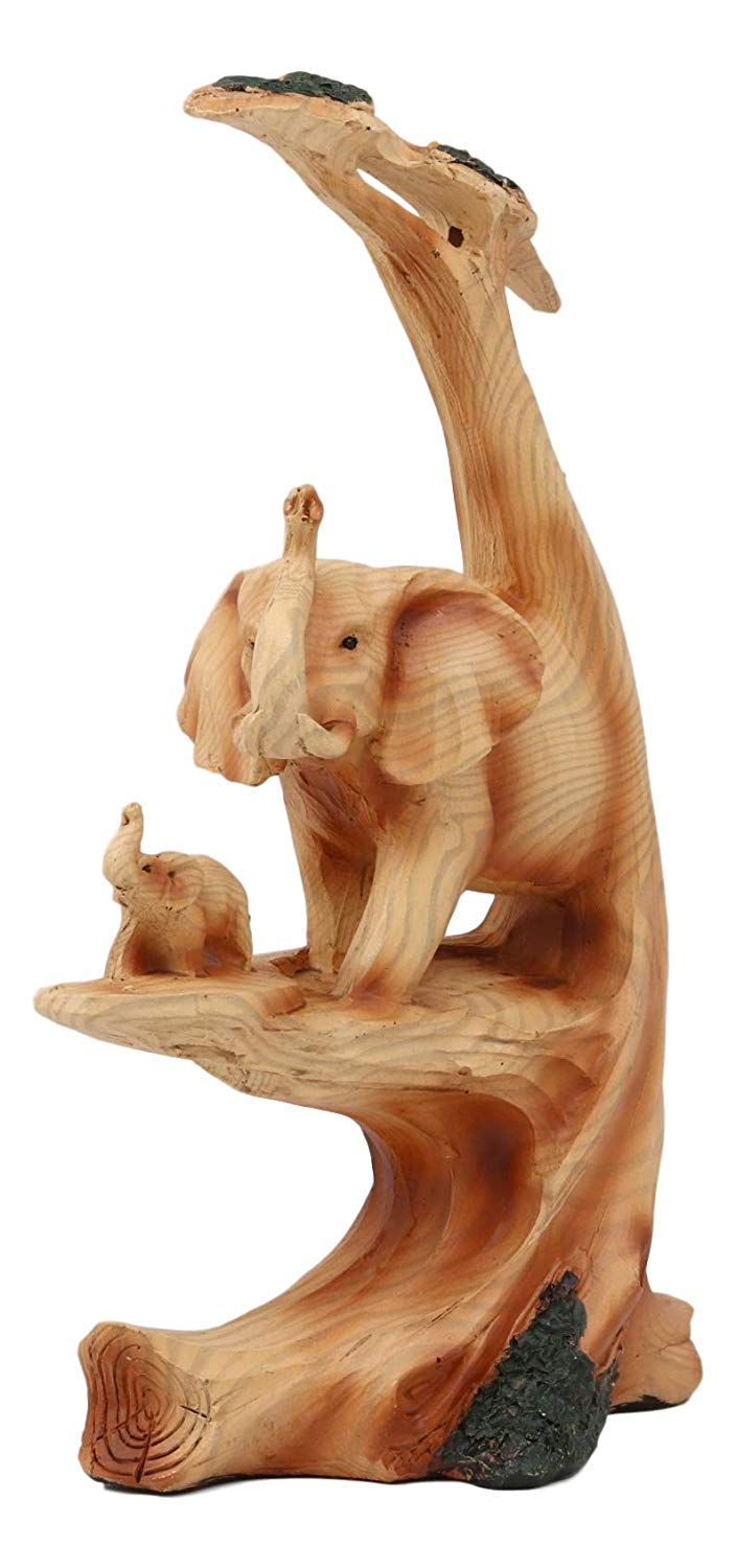 Wildlife Elephant Father With Calf In Savanna Scenery Statue Faux Wood Resin