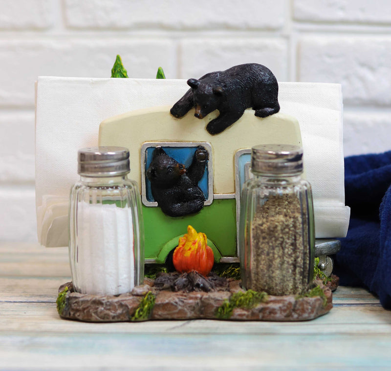Black Bears On Caravan By Bonfire Salt Pepper Shakers & Napkin Holder Figurine