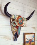 Western Bison Steer Bull Cow Skull With Floral Turquoise Rocks Beads Wall Decor