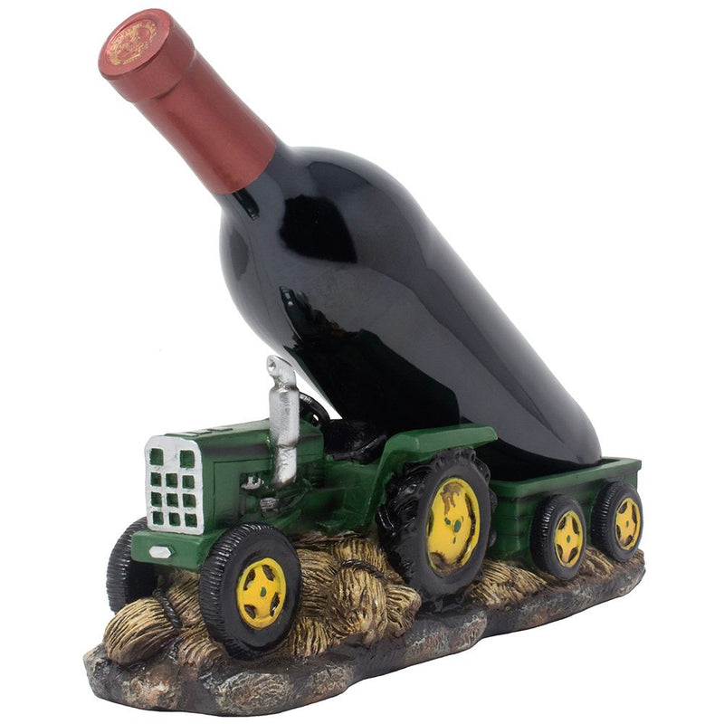 Vintage Old Fashioned Green Harvest Farm Tractor With Trailer Wine Holder 11"L