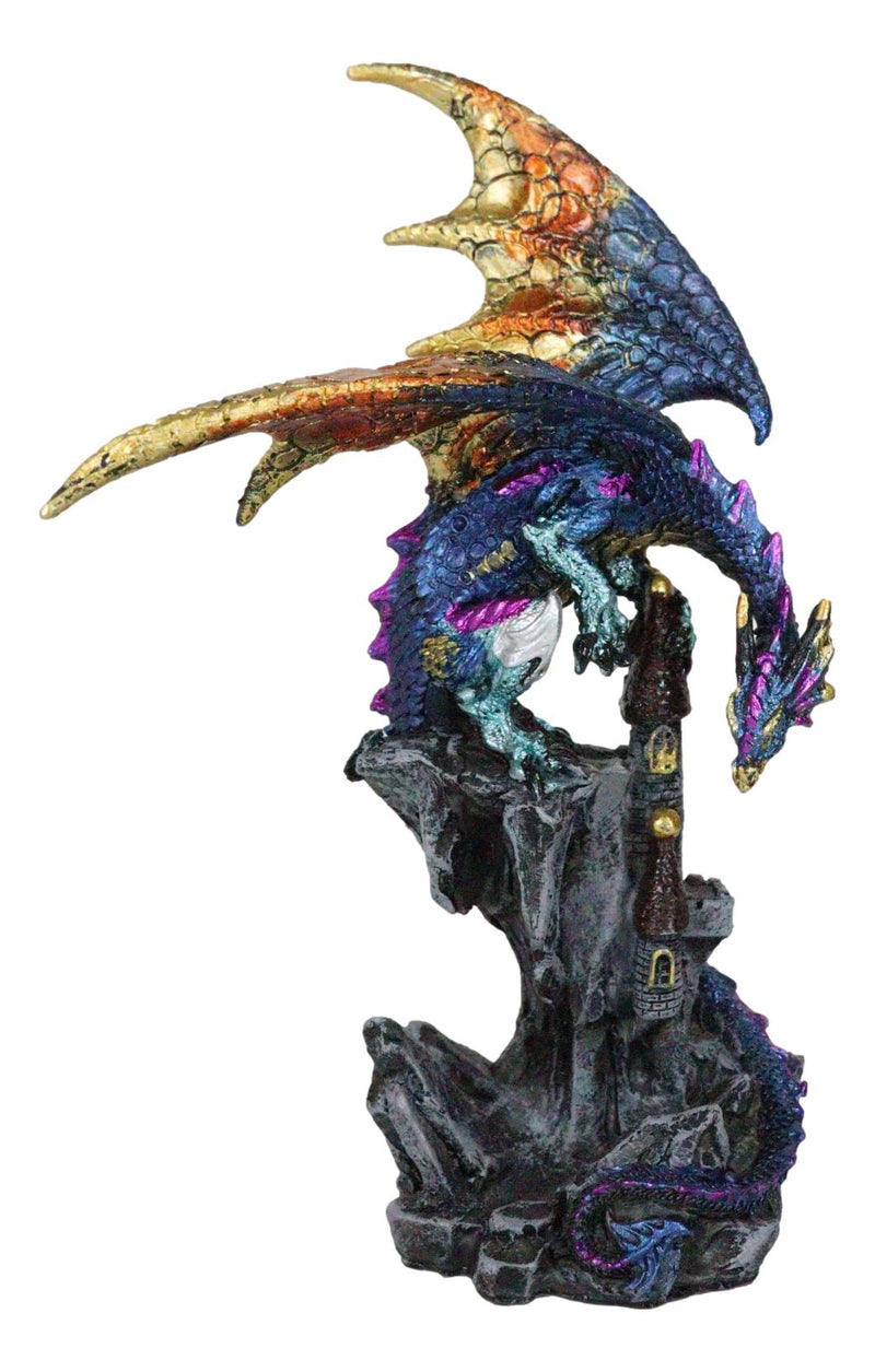 Metallic Blue Iridescent Dragon Protecting Castle On Mountain Cliff Figurine