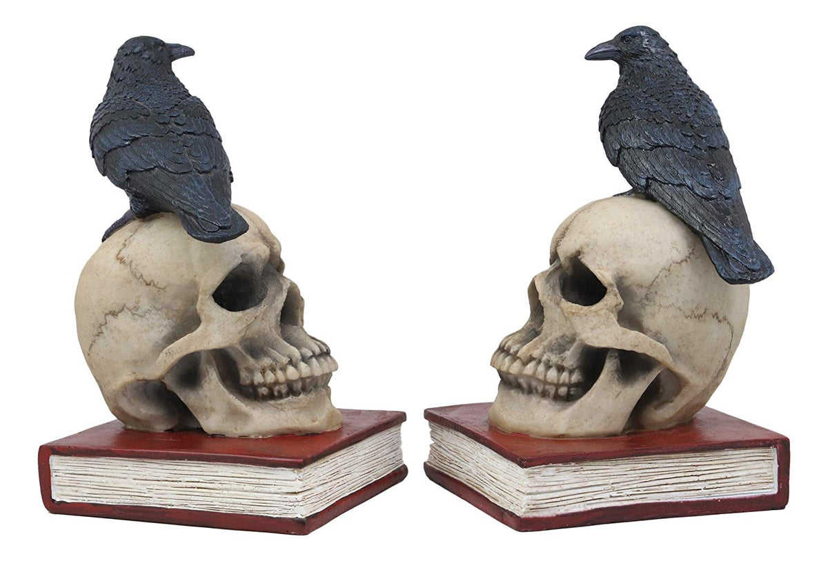 Ebros Raven Crow Perching On Skull with Ancient Book Bookends Set 7.5" Tall - Ebros Gift