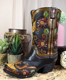 Rustic Western Faux Tooled Leather Cowboy Floral Blooms Boot Planter Vase Decor