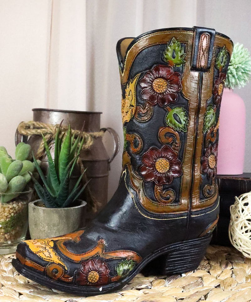Rustic Western Faux Tooled Leather Cowboy Floral Blooms Boot Planter Vase Decor