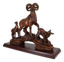 Rustic Country Bighorn Sheep Ram With Lambs On Rock Faux Mahogany Wood Figurine