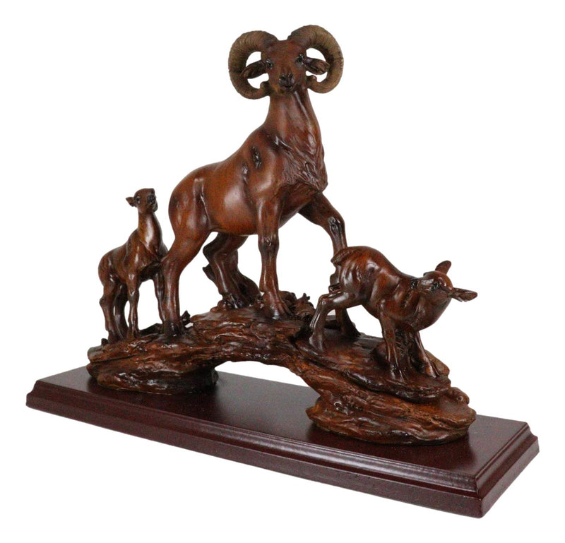Rustic Country Bighorn Sheep Ram With Lambs On Rock Faux Mahogany Wood Figurine