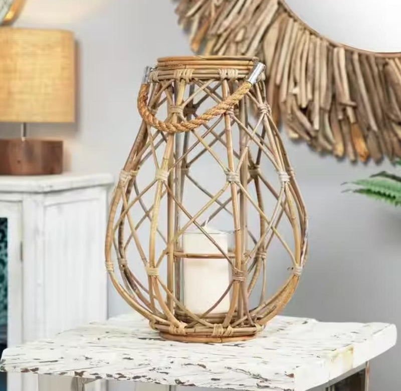 19"H Rustic Farmhouse Teardrop Woven Rattan Candle Lantern With Jute Rope Handle