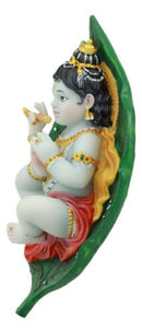 Hindu God Baby Krishna Vishnu Sucking His Right Toe On Peepal Leaf Statue 4"W