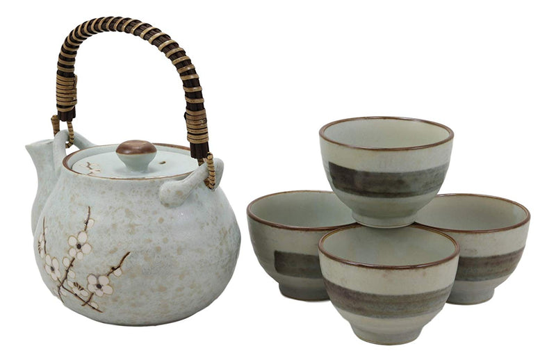 Ebros Japanese Sakura Pastel Blue Plum Cherry Blossom Porcelain Tea Pot And 4 Cups Set