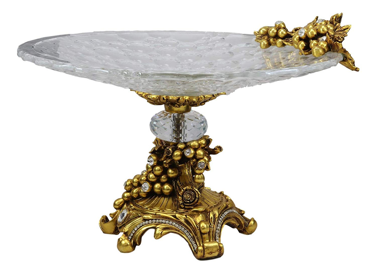 Ebros Gift Vintage Antique Baroque Design Large Crystal Glass Round Dish 16"Wide Dessert Platter Stand With Electroplated Gold Fruits And Grapes Themed Base Sculpture And Austrian Crystals Centerpiece - Ebros Gift