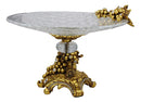 Ebros Gift Vintage Antique Baroque Design Large Crystal Glass Round Dish 16"Wide Dessert Platter Stand With Electroplated Gold Fruits And Grapes Themed Base Sculpture And Austrian Crystals Centerpiece