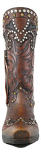 Rustic Western Tooled Leather Lace Studded Boot Floral Vase With Tassel Frill