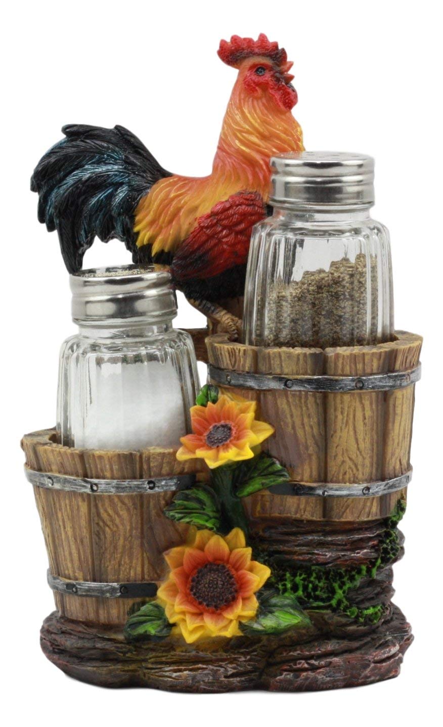 Ebros Sunflower Farm Crowing Rooster Standing On Fence By Old Fashioned Wooden Buckets Glass Salt And Pepper Shakers Holder Figurine 6.5"H Chicken Country Western Decorative Sculpture