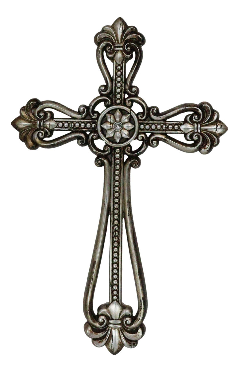 Western Rustic Silver Tuscany Scrollwork Fleur De Lis Decorative Wall Cross