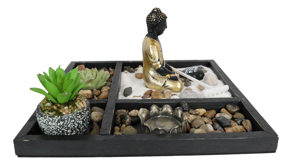 Meditating Buddha Zen Garden Kit With Lotus Candle Holders Sand Rake Succulents - Ebros Gift