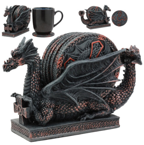 Ebros Voyage Of The Rune Celtic Dragon Coaster Set Figurine W/ 5 Round Coasters