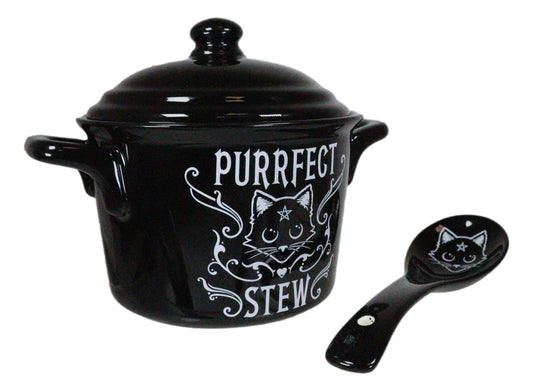 Wicca Purrfect Stew Pentagram Moon Cat Fine Bone China Bowl With Spoon And Lid