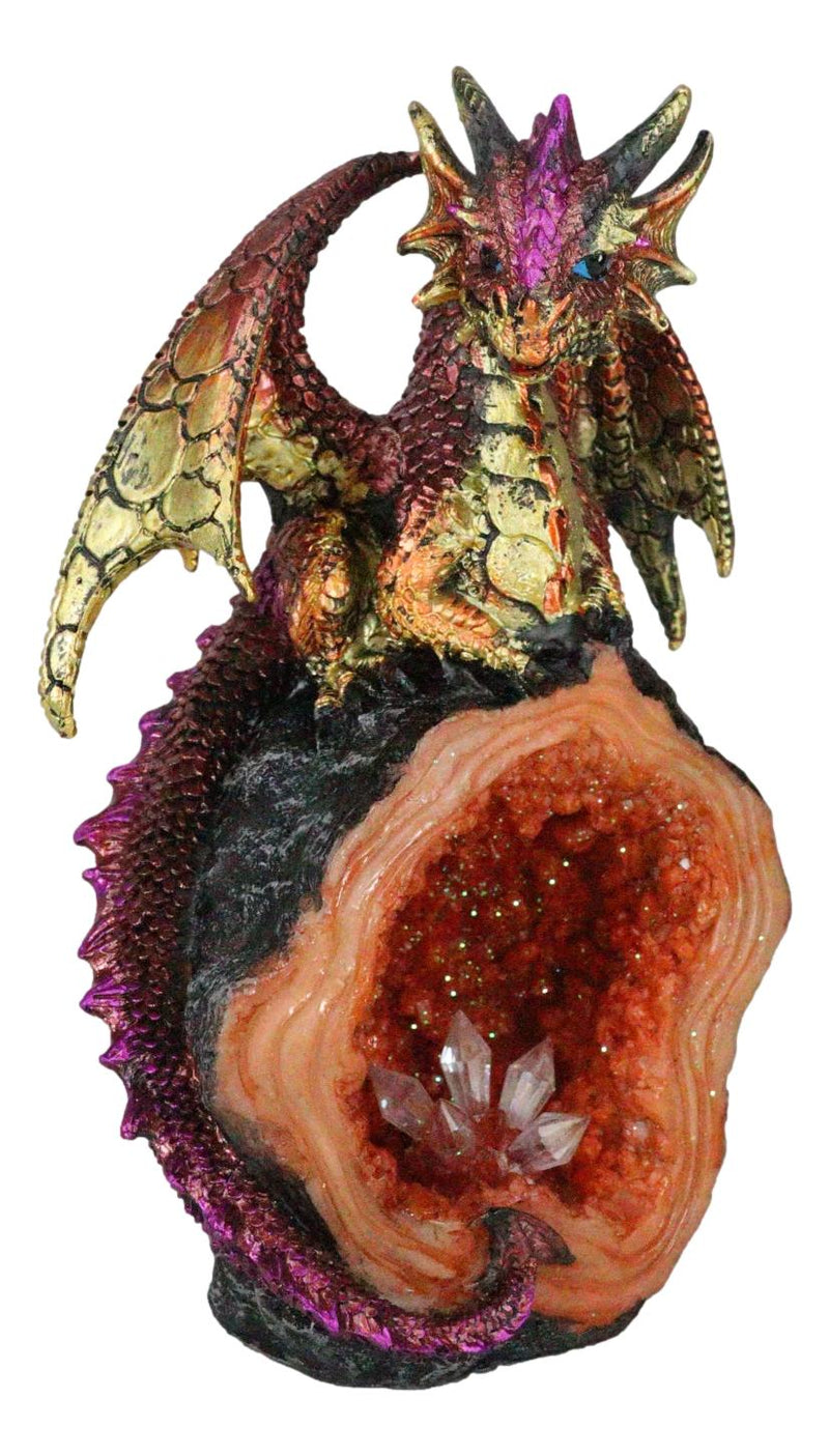 Metallic Red Iridescent Dragon On Faux Geode Rock Quartz Crystal Cove Figurine