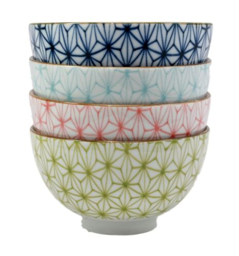 Ebros Gift Japanese Colorful Matrix Polygon Bowls Food Safe 4.5" Diameter Japanese Decorative Bowl Set of 4 Ceramic