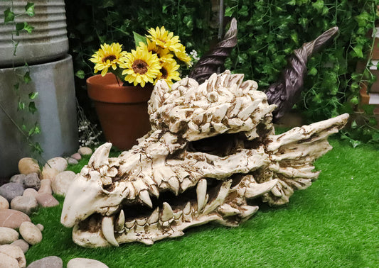 Large 27" Long Dragon Fossil Skull With Horns Mighty Grendel Resin Home Decor Figurine