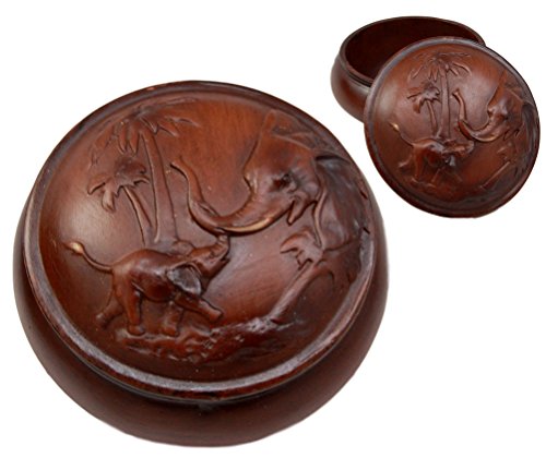 Ebros Gift Faux Wood Resin Safari Elephant with Calf Rounded Jewelry Trinket Decorative Box Figurine 4" D As Safari Elephants Decor Accessory Storage Sculptural Wildlife Art - Ebros Gift