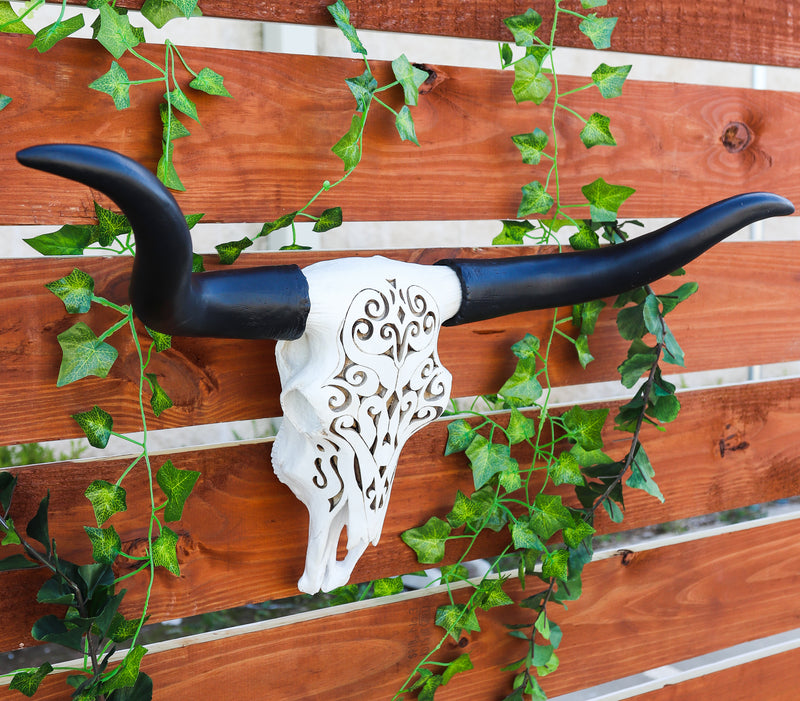 Large 27 Inch Long Legacy Longhorn Cow Black and White Tattoo Design Figurine