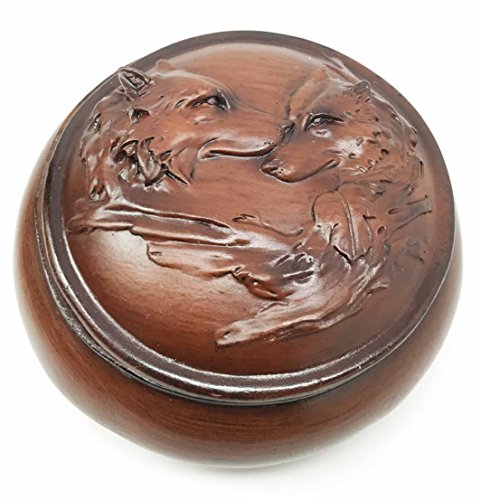 Ebros Faux Wood Resin Moon Lovers Wolf Couple Rounded Jewelry Trinket Box Figurine