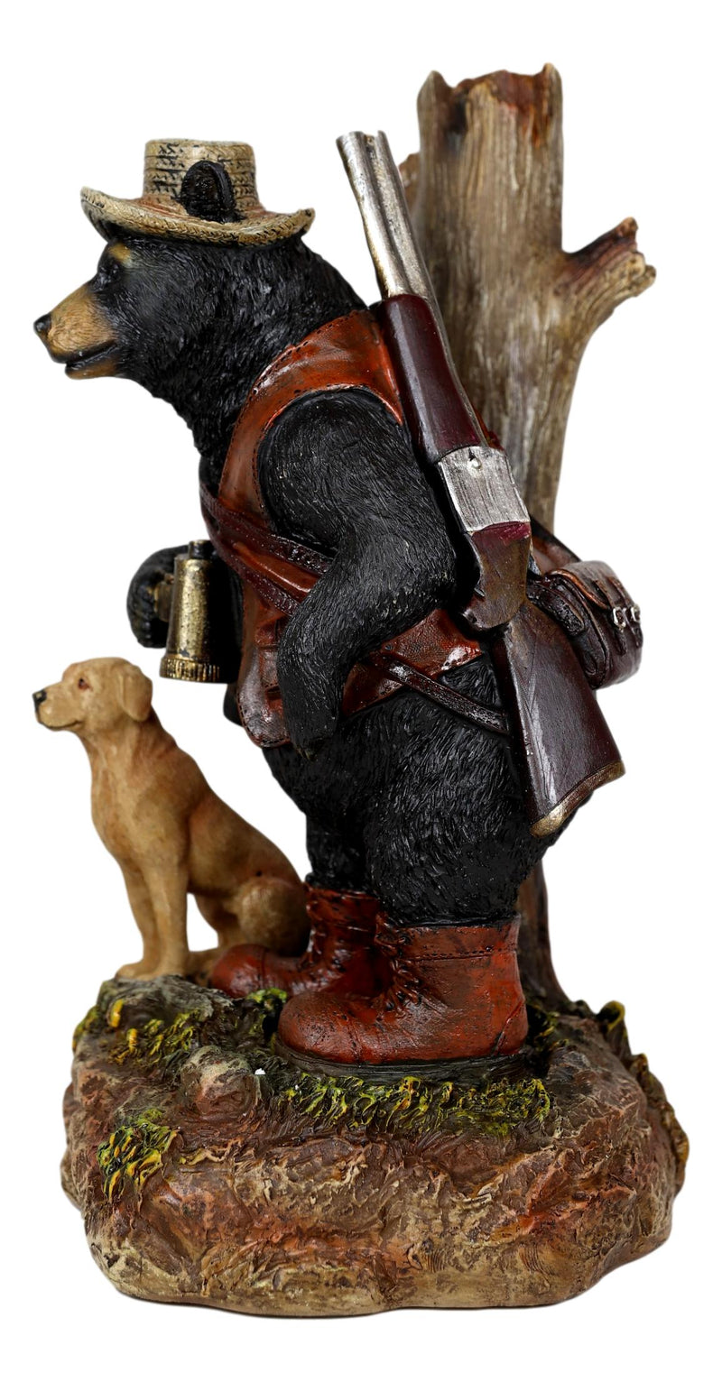 Rustic Black Bear Carrying Backpack Binoculars Shotgun With Hunting Dog Figurine