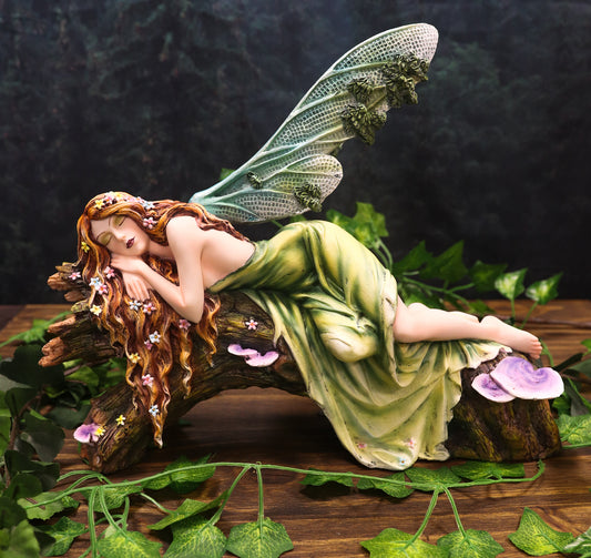 Ebros Beautiful Green Forest Fairy With Red Hair Sleeping On Tree Log Statue - Ebros Gift