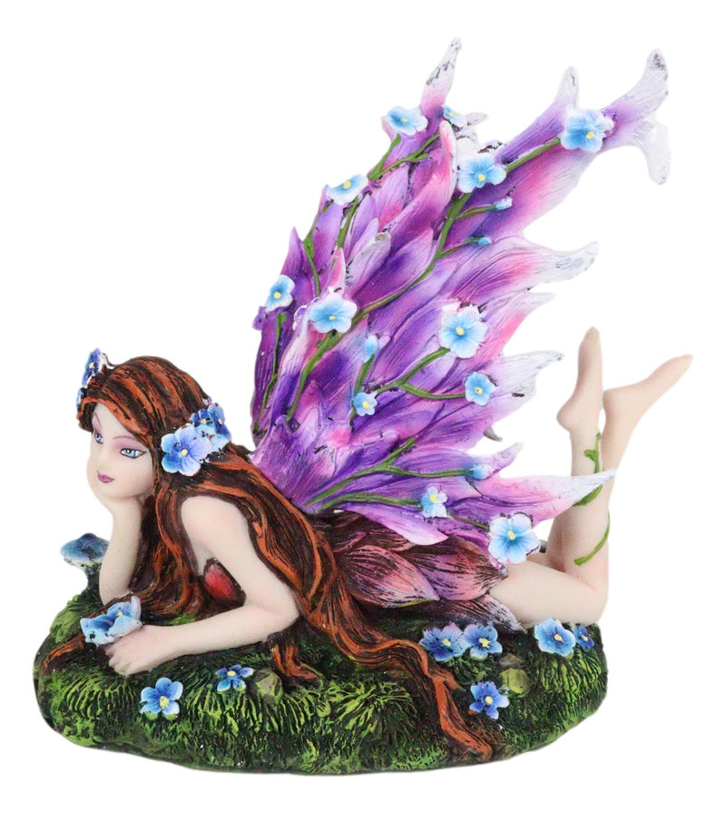 Ebros Enchanted Garden Meadows Blue Peony Fairy With Purple Wings Sunbathing Figurine