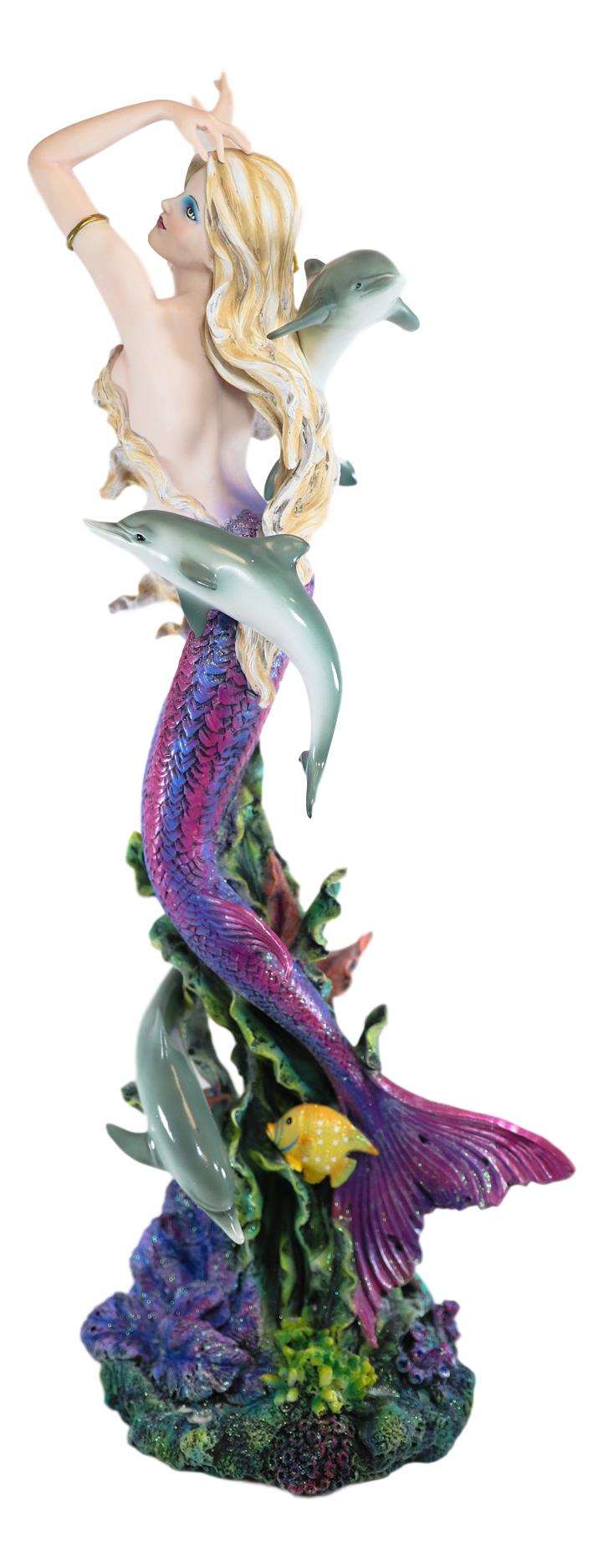 Ebros Large Nouveau Nautical Iris Tail Mermaid Swimming W/  Dolphins Statue 27"H