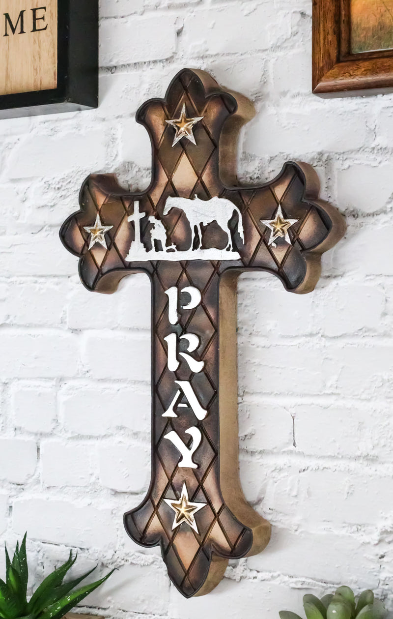 Western Kneeling Cowboy With Horse In Prayer At Calvary Fleur De Lis Wall Cross