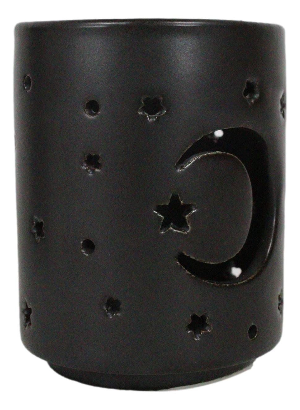 Wicca Mystical Moon And Stars Cutout Ceramic Black T-Light Votive Candle Holder