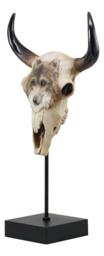 Large Alpha Wolf Spirit Totem On Buffalo Bull Skull Stake Statue 17.5"Tall