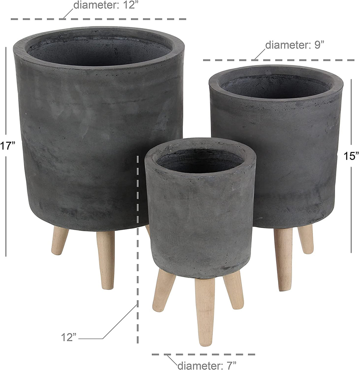 Set of 3 Contemporary Grey Fiber Clay Cylindrical Planter Pots With Wooden Feet