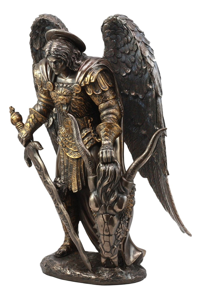 Large Archangel Saint Michael Holding Satan Dragon Lucifer Head Statue 15.5"H