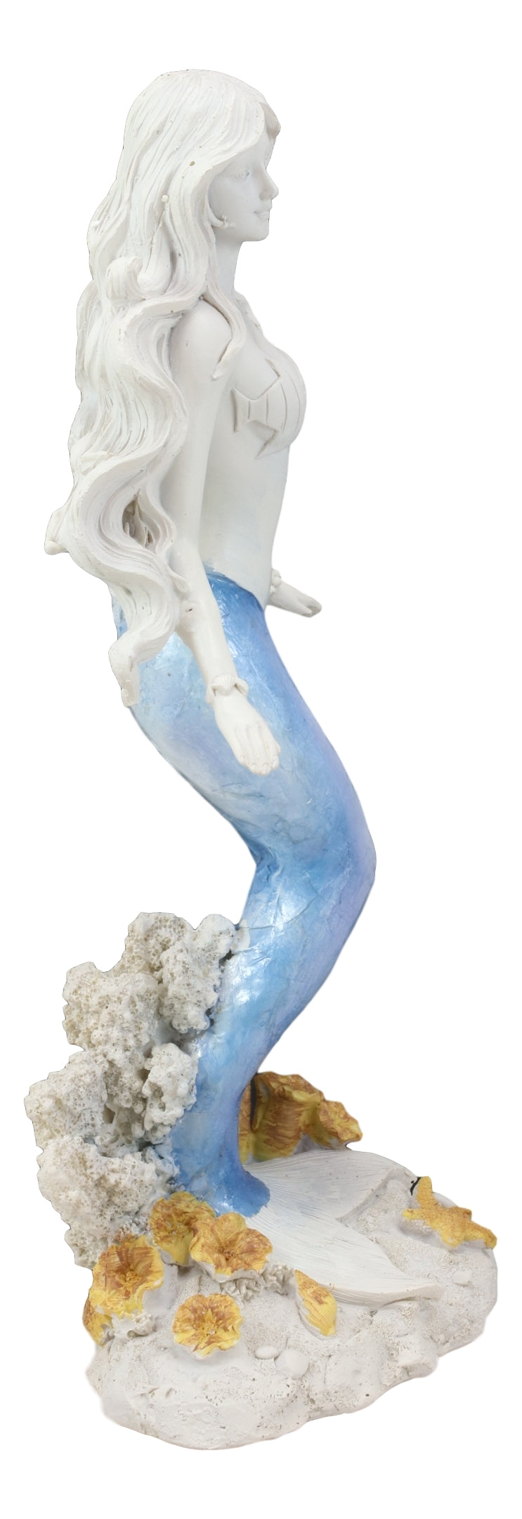 Ebros Capiz Blue & White Ombre Tail Mermaid Standing By Sea Coral Reef Statue
