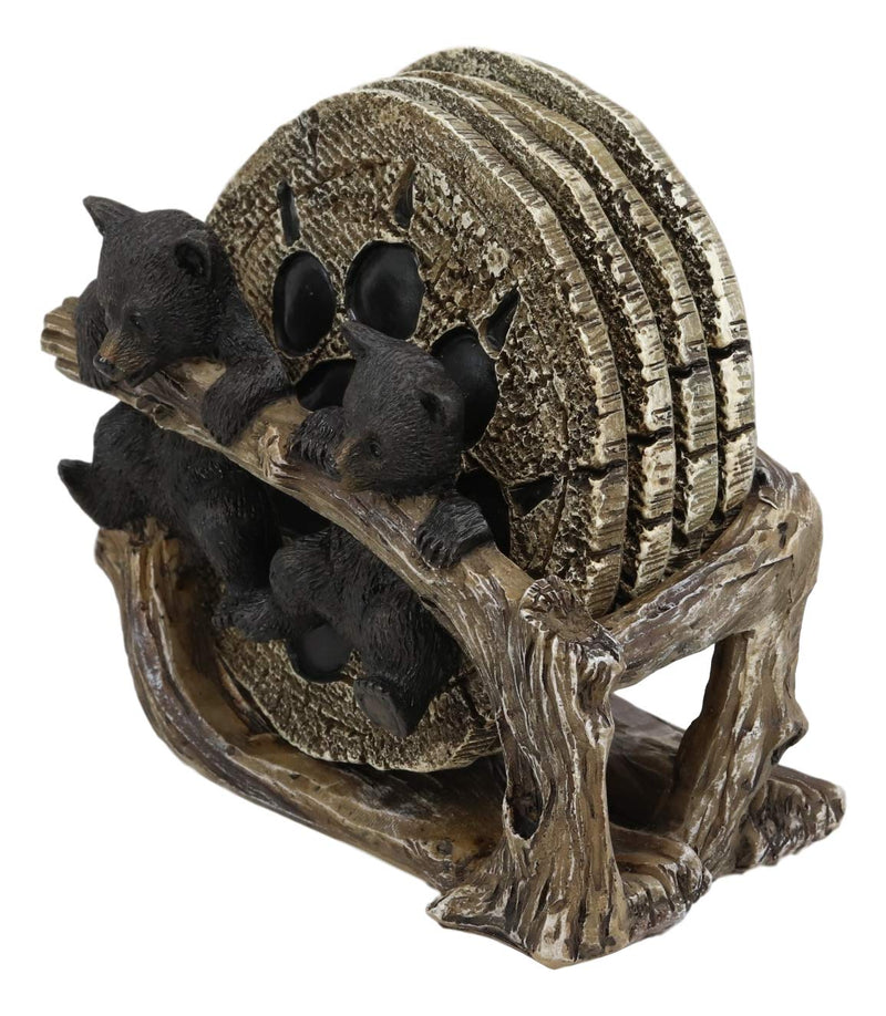 Ebros Rustic 2 Black Bears Dangling On Tree Branch Coaster Holder With 4 Coasters Set