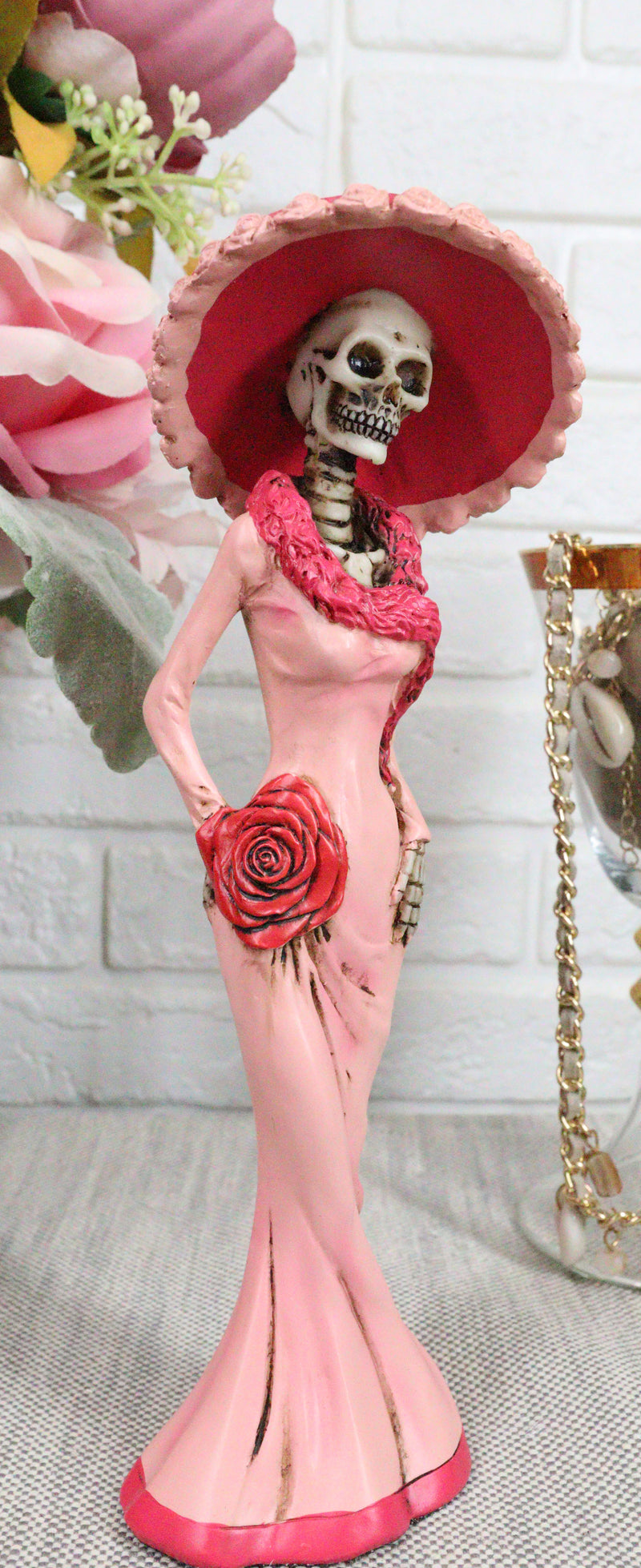 pink day of the dead dress Closeup portrait of Calavera Catrina in pink dress. Sugar skull makeup. Dia de los muertos. Day of The Dead. rose pink Halloween Stock Photo