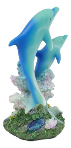 Sea World Nautical Two Bottlenose Dolphins Swimming By Coral Reefs Statue 5.5"H - Ebros Gift