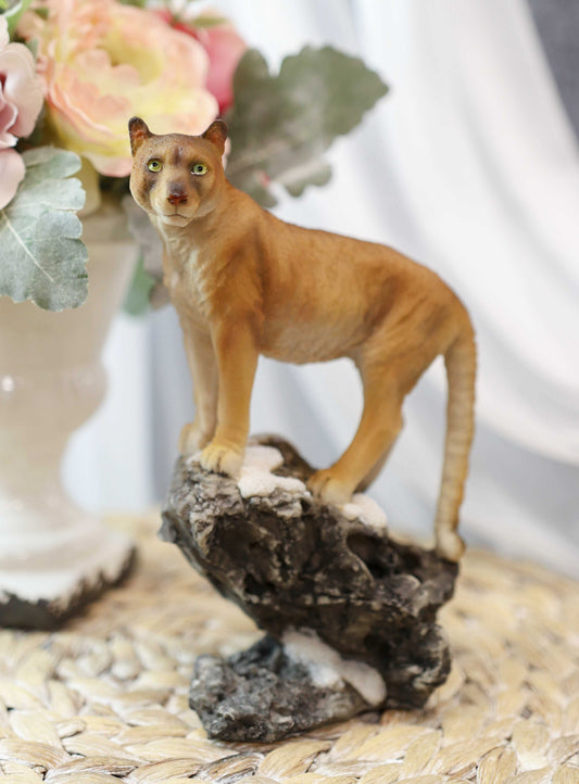 Mountain Lion Cougar Standing On Edge of Snow Capped Rock Statue Wildlife Decor