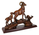 Rustic Country Bighorn Sheep Ram With Lambs On Rock Faux Mahogany Wood Figurine